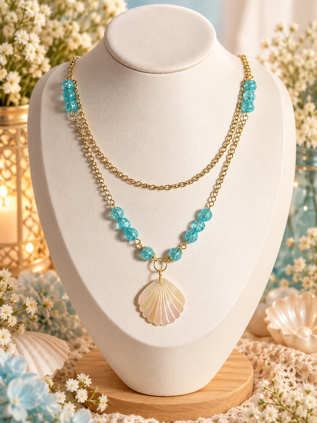 Layered gold-tone necklace with aqua blue beads and a pearlescent scallop-shell pendant