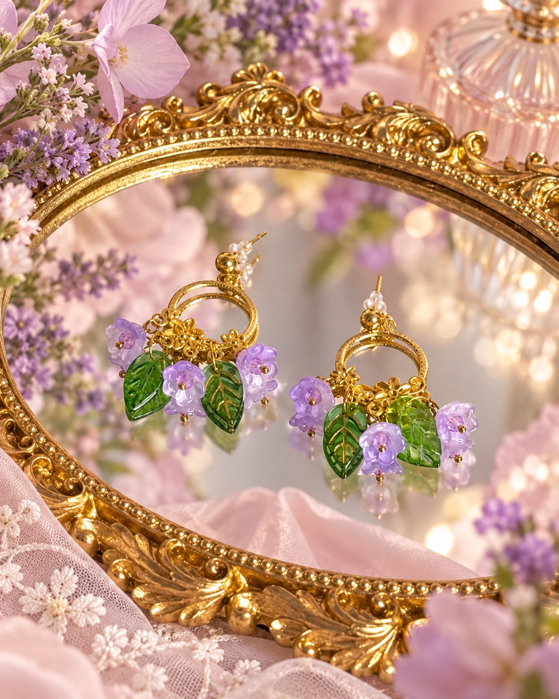 Lilacleaf Garland Earrings with gold-tone circular frames, lilac flowers and green leaf charms