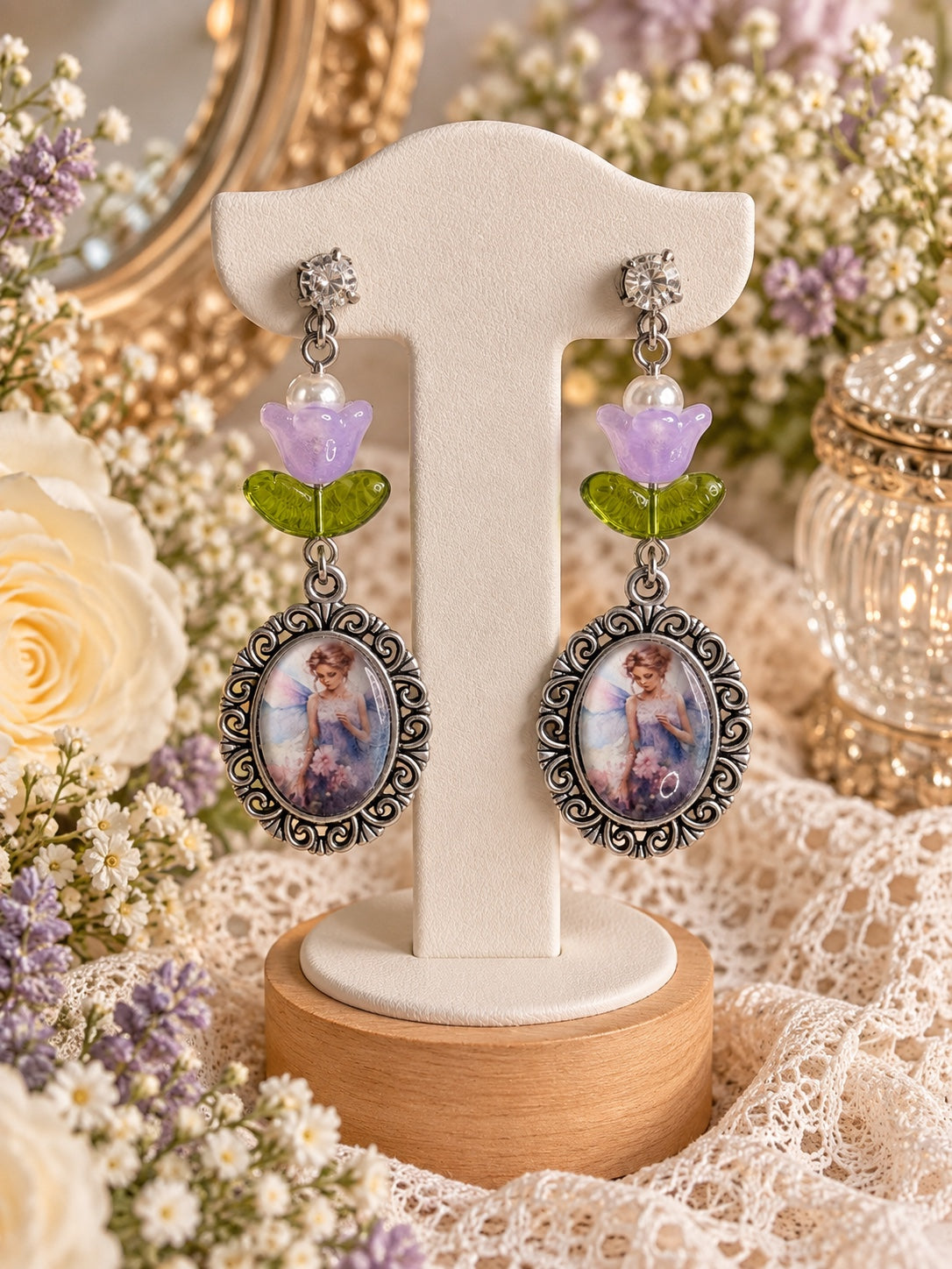 Lilacwhim Fairy Earrings with lavender flowers, green leaves, faux pearls and silver-tone oval fairy cameos