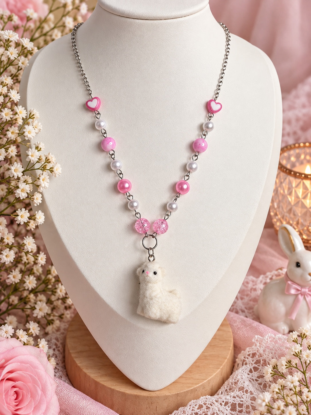 Mallowpuff Alpaca softcore pink beaded necklace