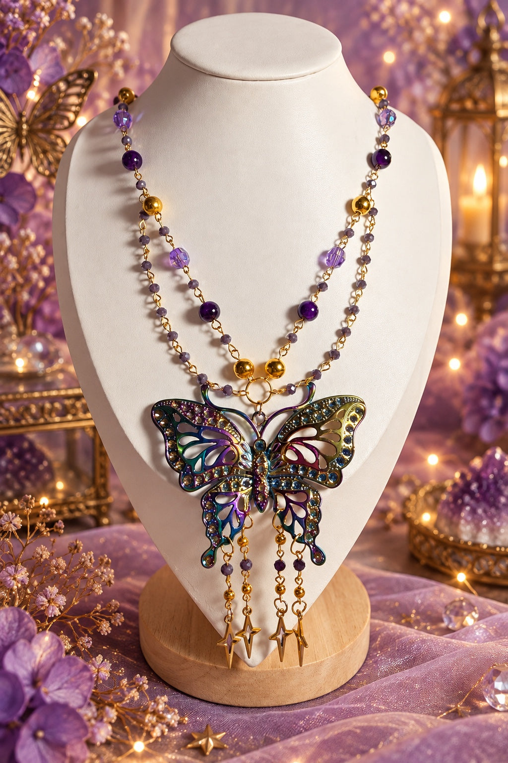 Dark fairycore necklace with a large iridescent butterfly pendant, sparkling wing details, purple and gold-tone beads, double beaded strands and dangling gold-tone stars.