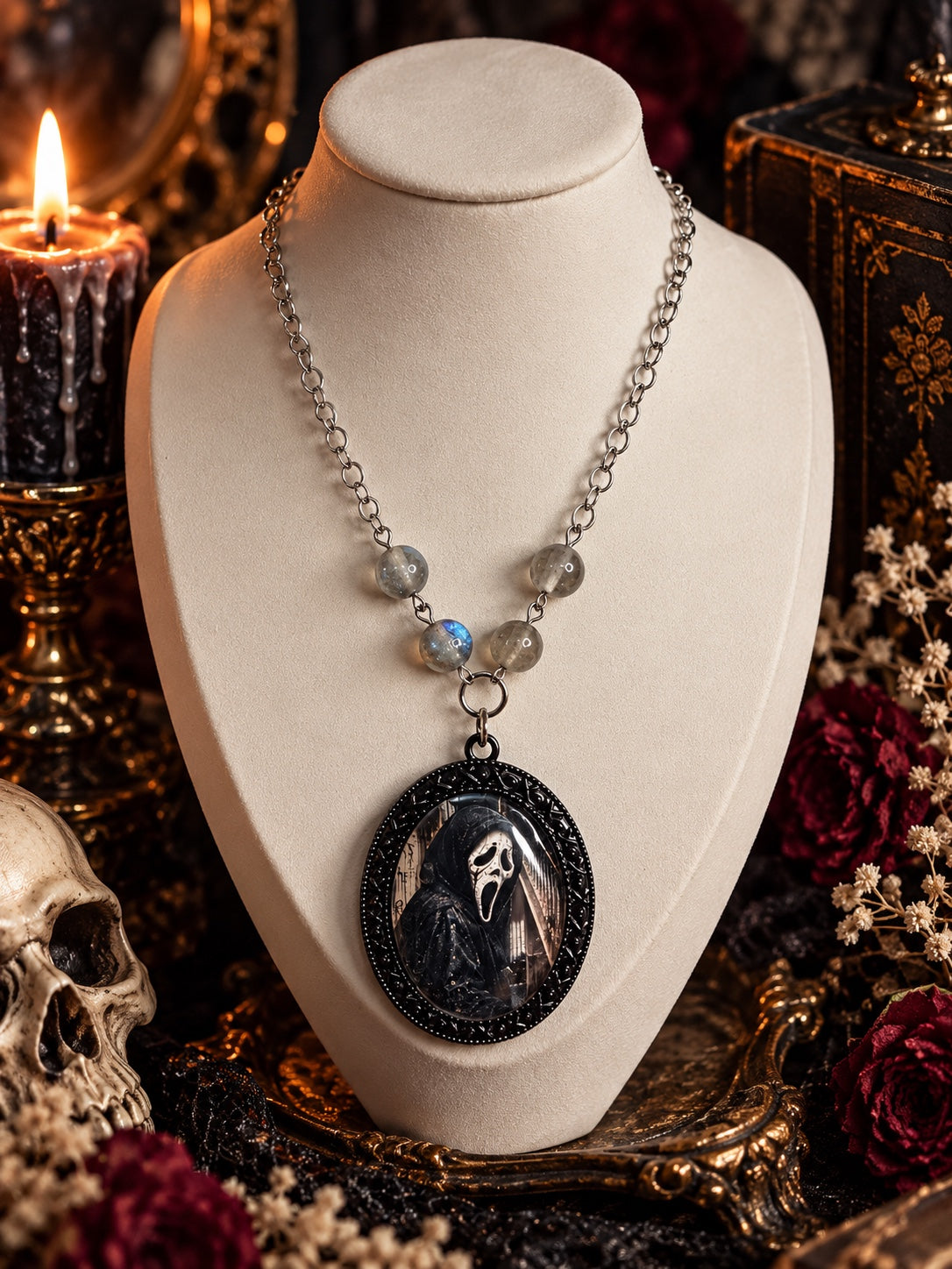 Ghostface portrait necklace with an ornate black oval frame, grey beads and silver-tone chain
