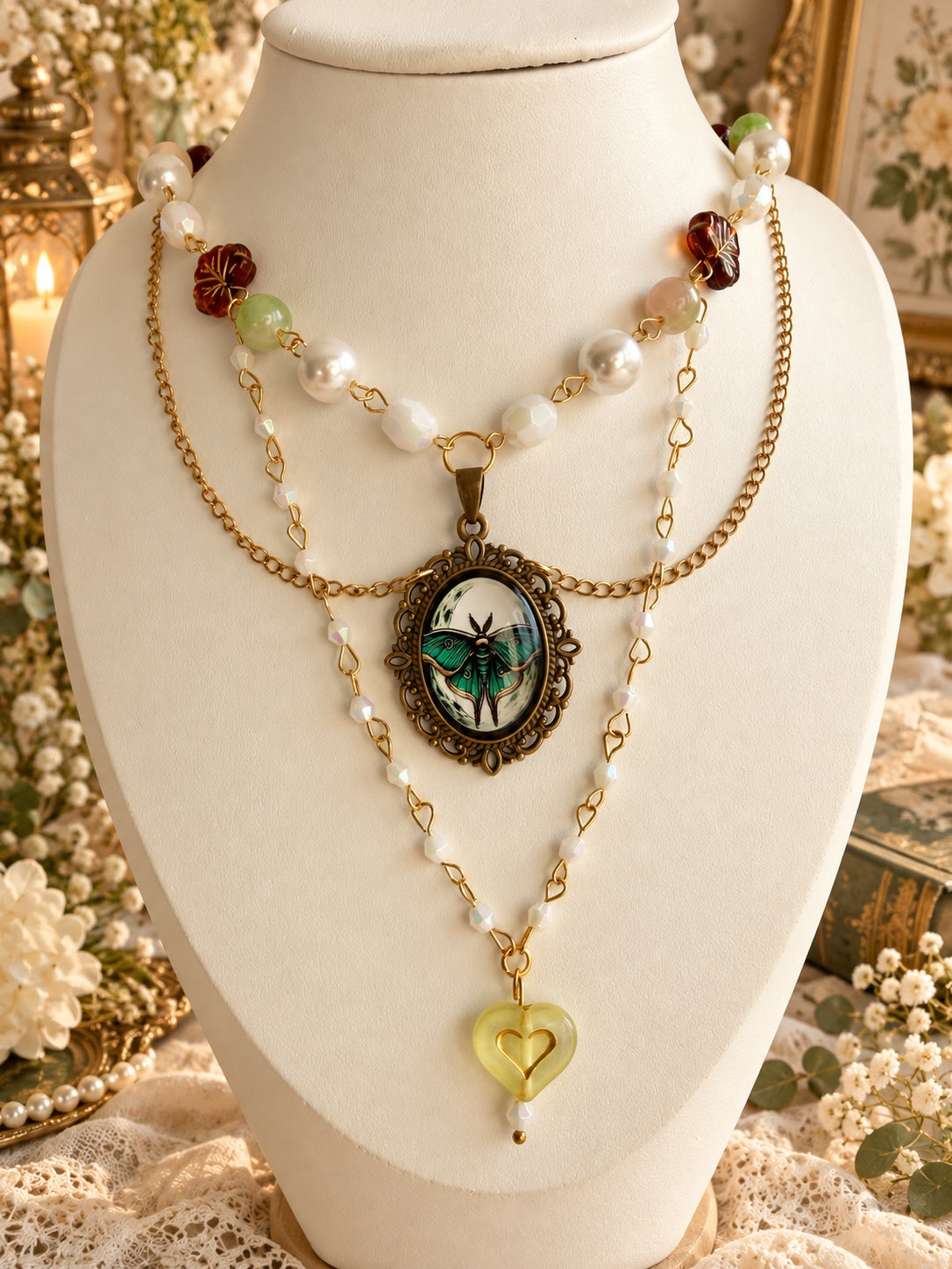 Handmade dark fairycore and fairycore necklace with a green moth cameo, pearl-like beads, gold-tone chains and a translucent heart charm