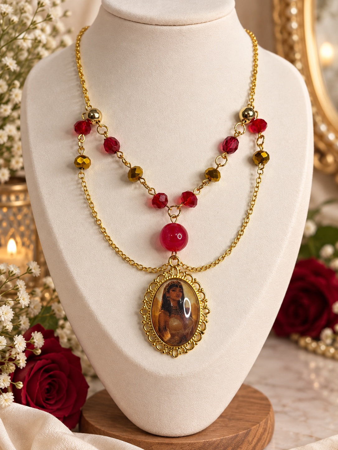 Layered gold-tone Egyptian-inspired cameo necklace with red and gold beads