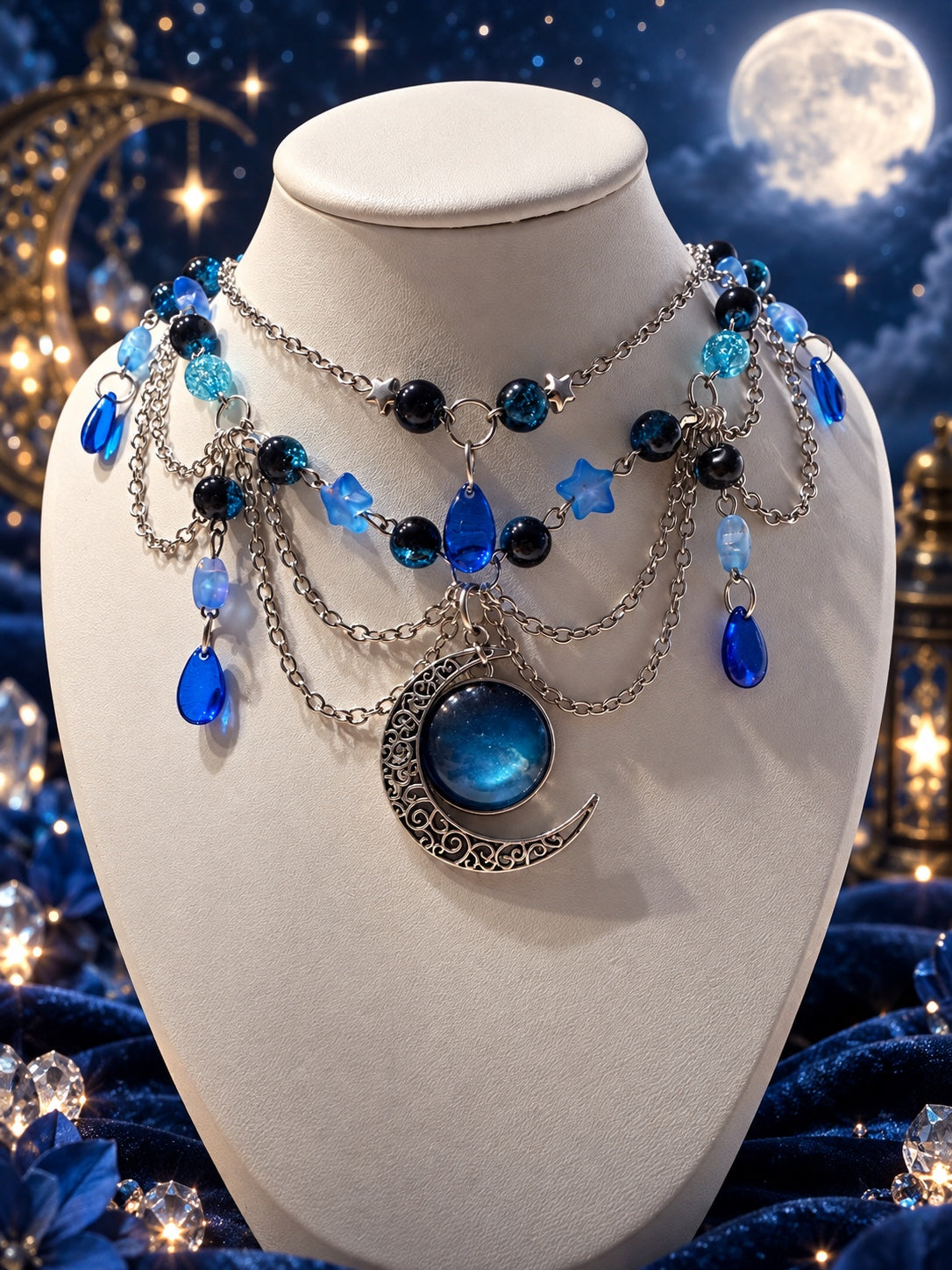 Handmade celestial and witchy necklace with layered silver-tone chains, cobalt blue teardrops, blue stars and a crescent moon surrounding a galaxy-inspired centerpiece.