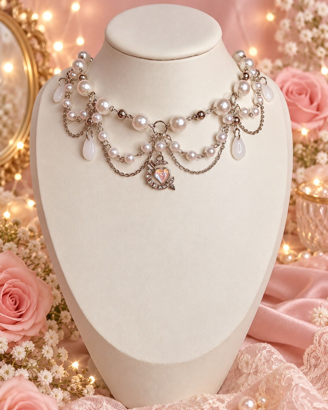 Layered pearl-style necklace with draped silver-tone chains, white teardrops and an iridescent heart pendant with sparkling details.