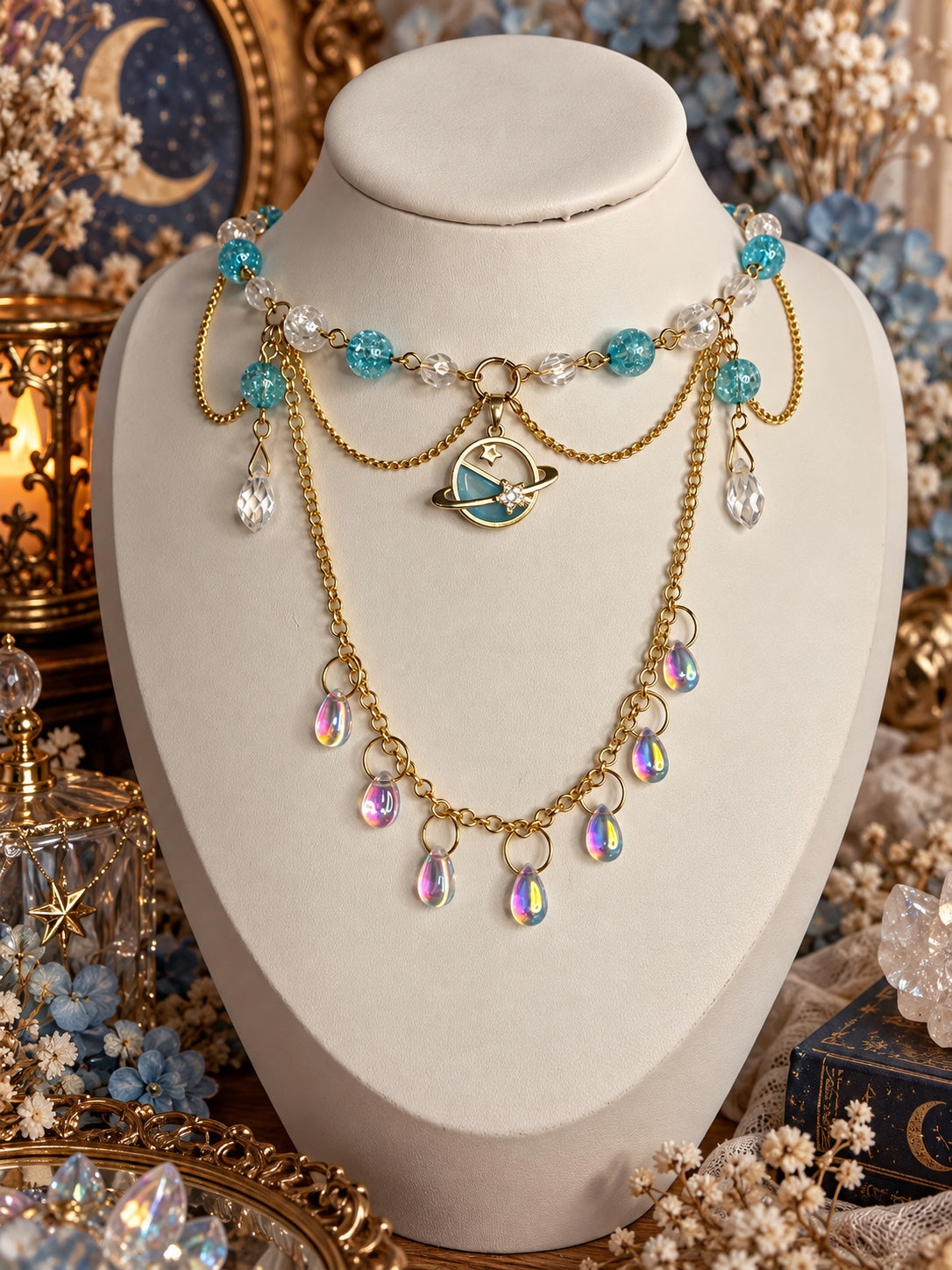 Gold-tone celestial necklace with aqua and clear beads, a ringed planet pendant, draped chains and iridescent teardrops