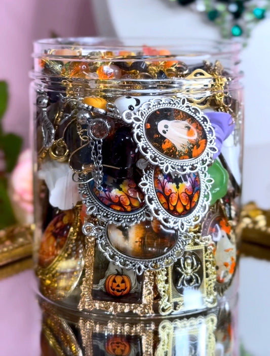 Patricia Braham Halloween mystery jewelry jar with ghost, pumpkin and spooky cameo jewelry