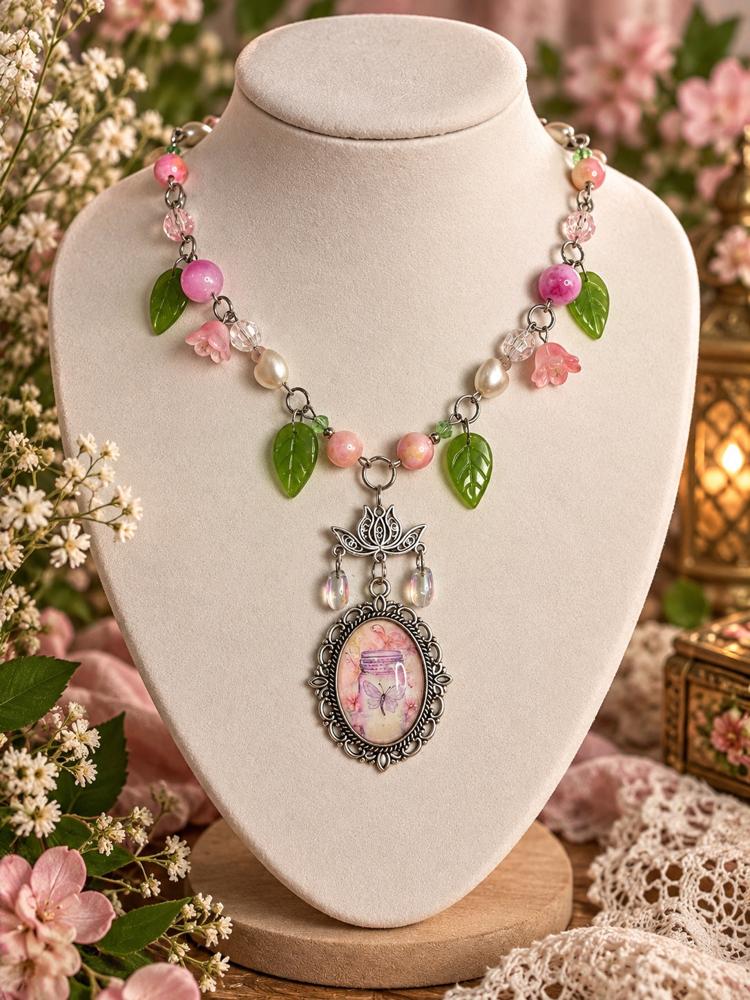 Pink and green beaded necklace with leaf and flower charms, lotus detail and butterfly jar cameo
