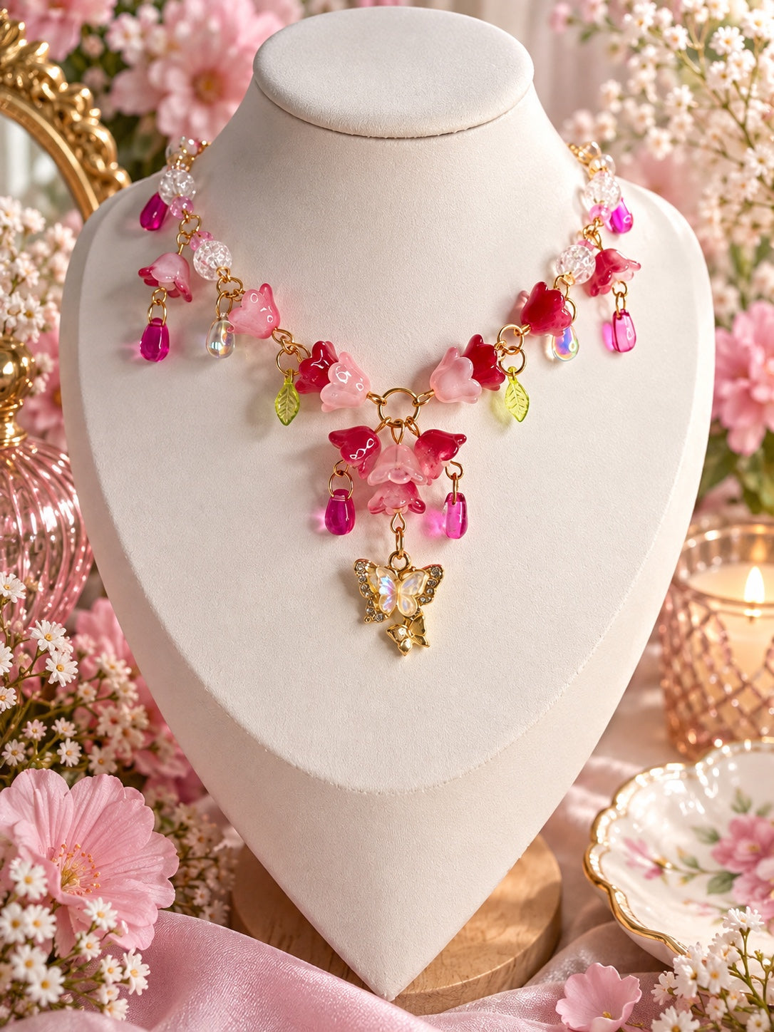 Gold-tone fairycore necklace with pink flower beads, green leaves, pink and iridescent drops and butterfly pendant