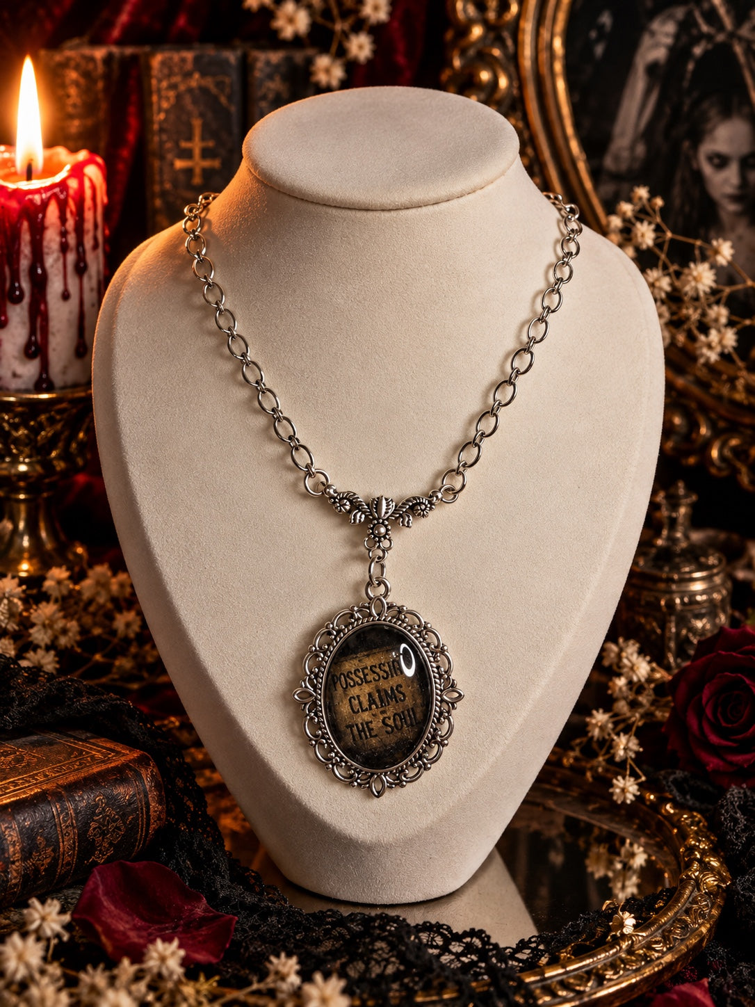 Silver gothic necklace with a Possession Claims the Soul pendant on a mannequin.