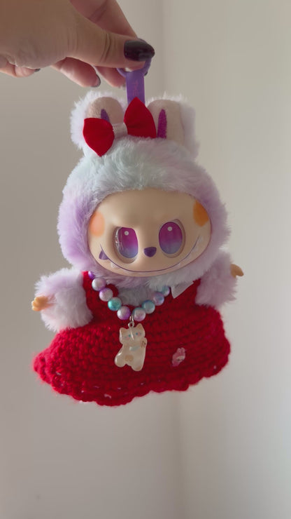 Lafufu Custom Plush – Red Crochet Dress, Bunny Hood & Lucky Cat Necklace