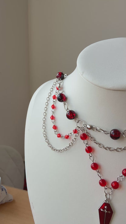 Crimson Nocturne – Gothic Red Coffin Necklace