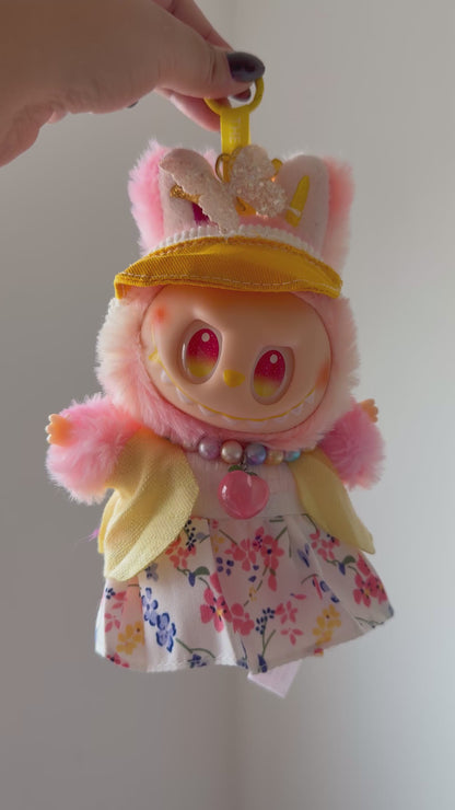 Lafufu Custom Plush – Pink Kitty Hood, Yellow Cap & Floral Dress