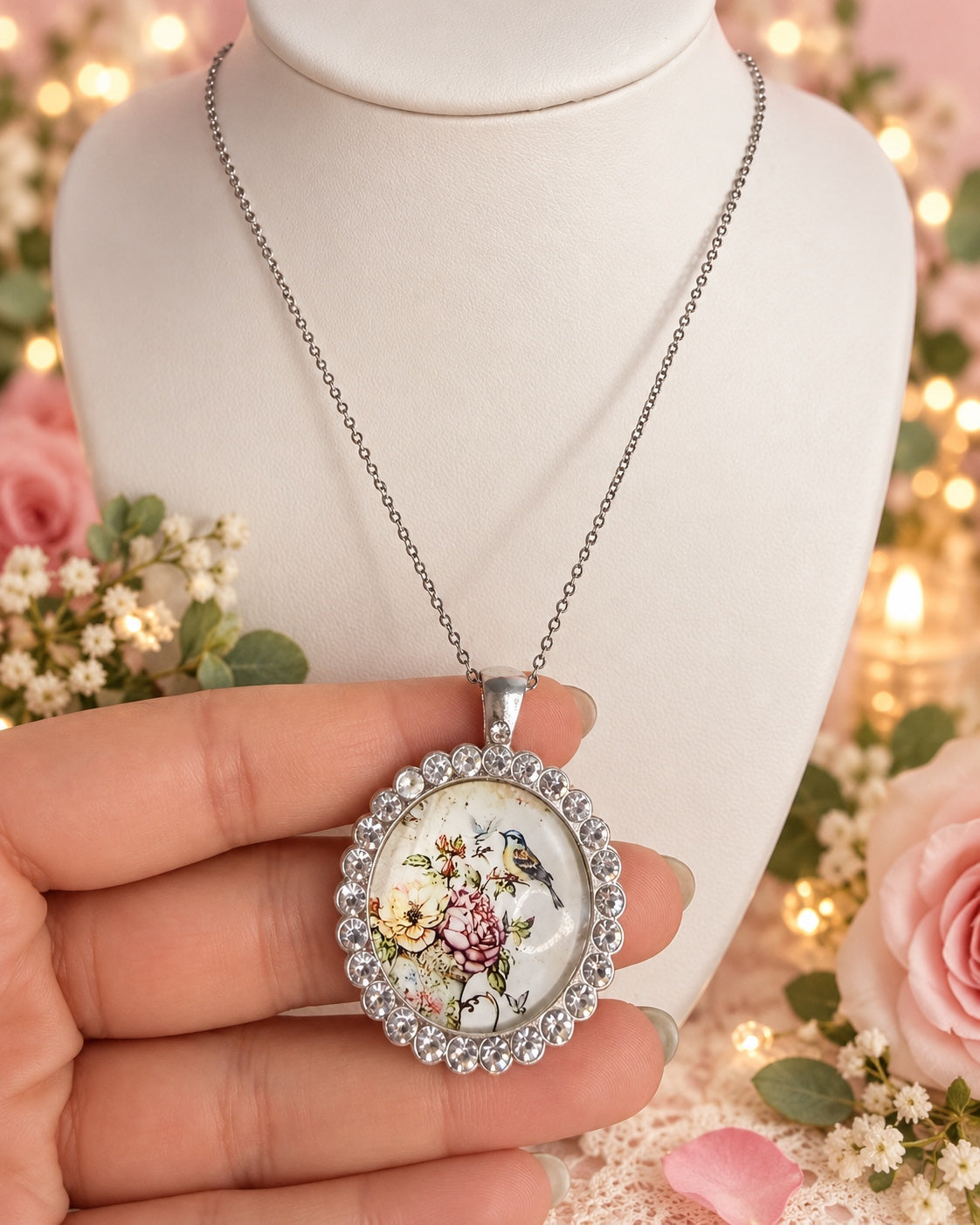 Rosebird Keepsake Necklace with a bird and floral illustration in an oval silver-tone sparkling frame