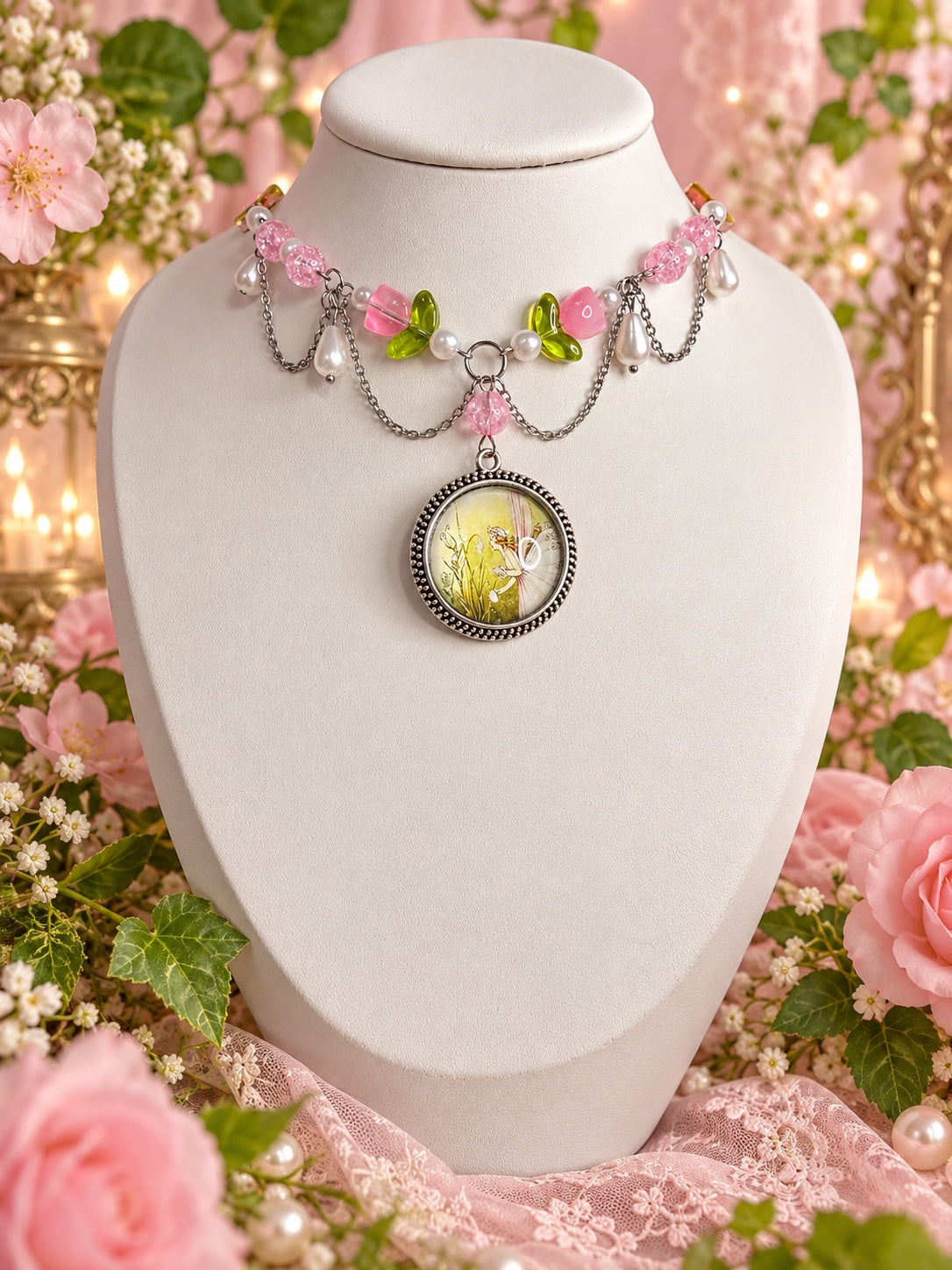 Fairycore necklace with pink flower beads, green leaves, white pearl-style drops, draped silver-tone chains and a round fairy pendant.