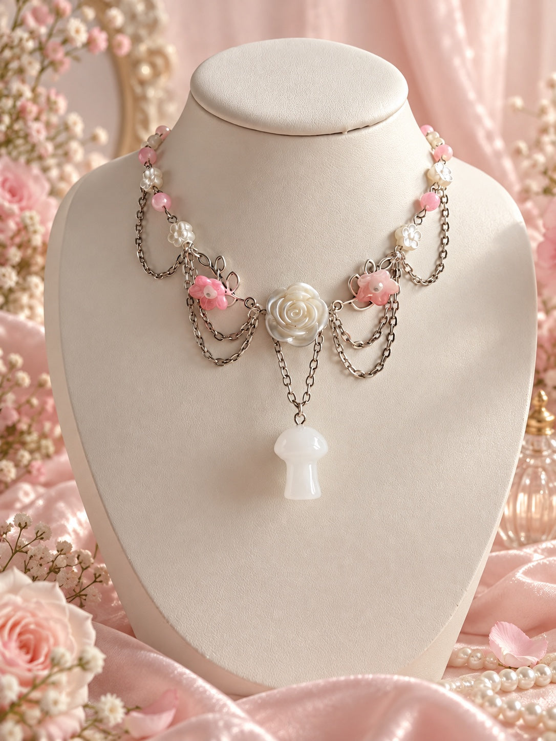 Handmade pink and white fairycore floral mushroom necklace