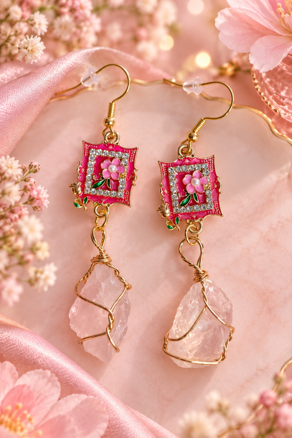 Roseframe Spell Earrings with pink floral frames, sparkling accents and pale pink pendants wrapped in gold-tone wire