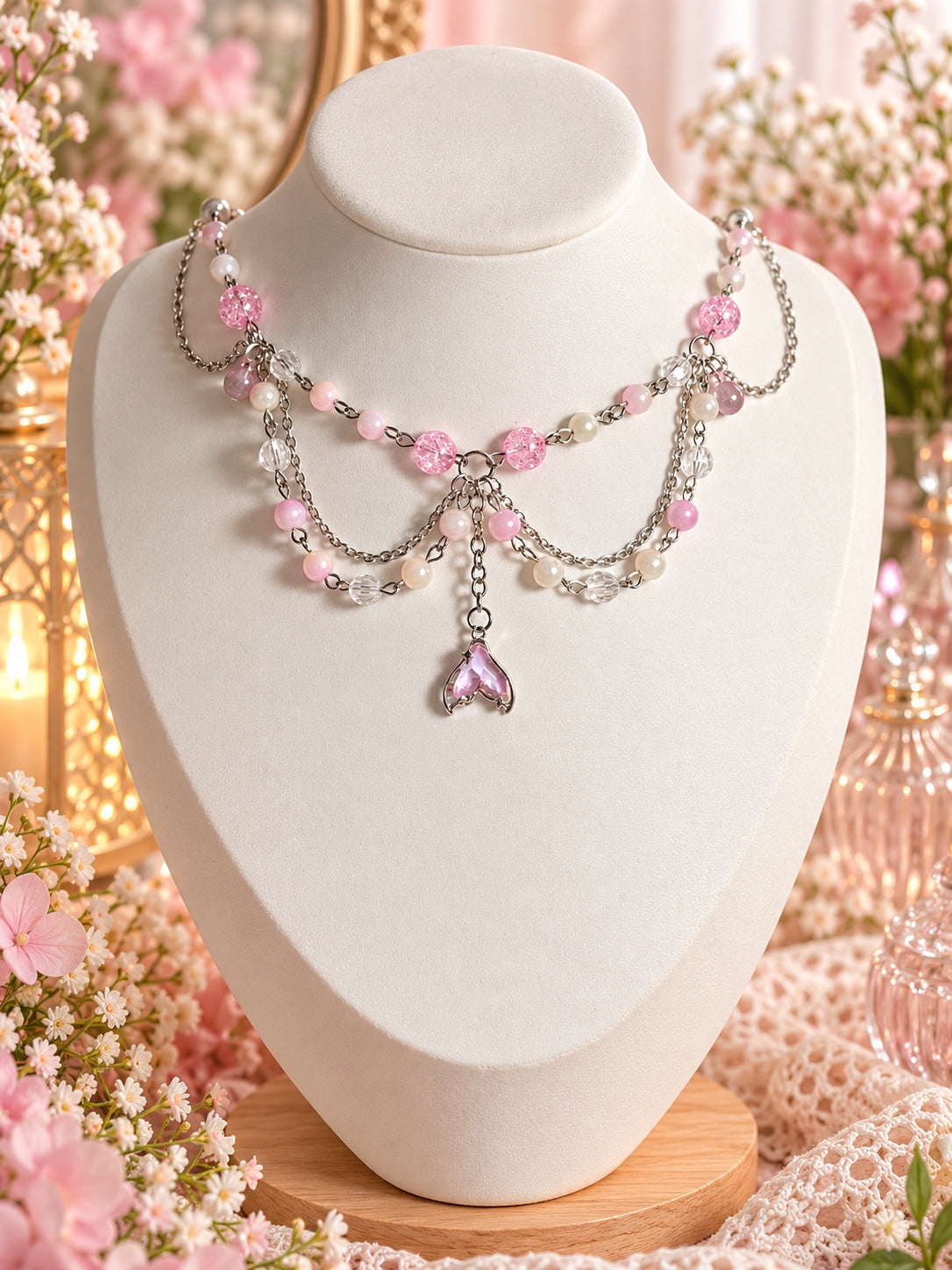Layered silver-tone necklace with pink and clear beads, faux pearls and a pink mermaid tail pendant