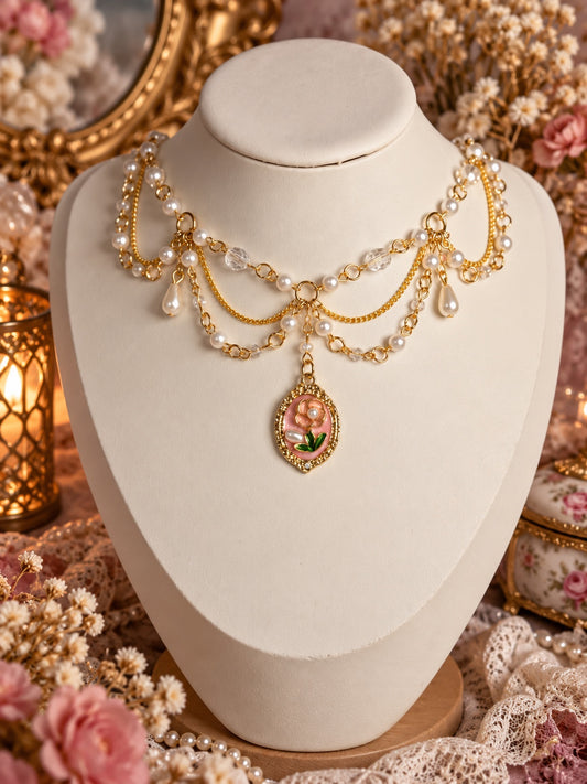 Gold-tone layered necklace with white faux pearls, clear beads, pearl drops and an oval pink floral pendant