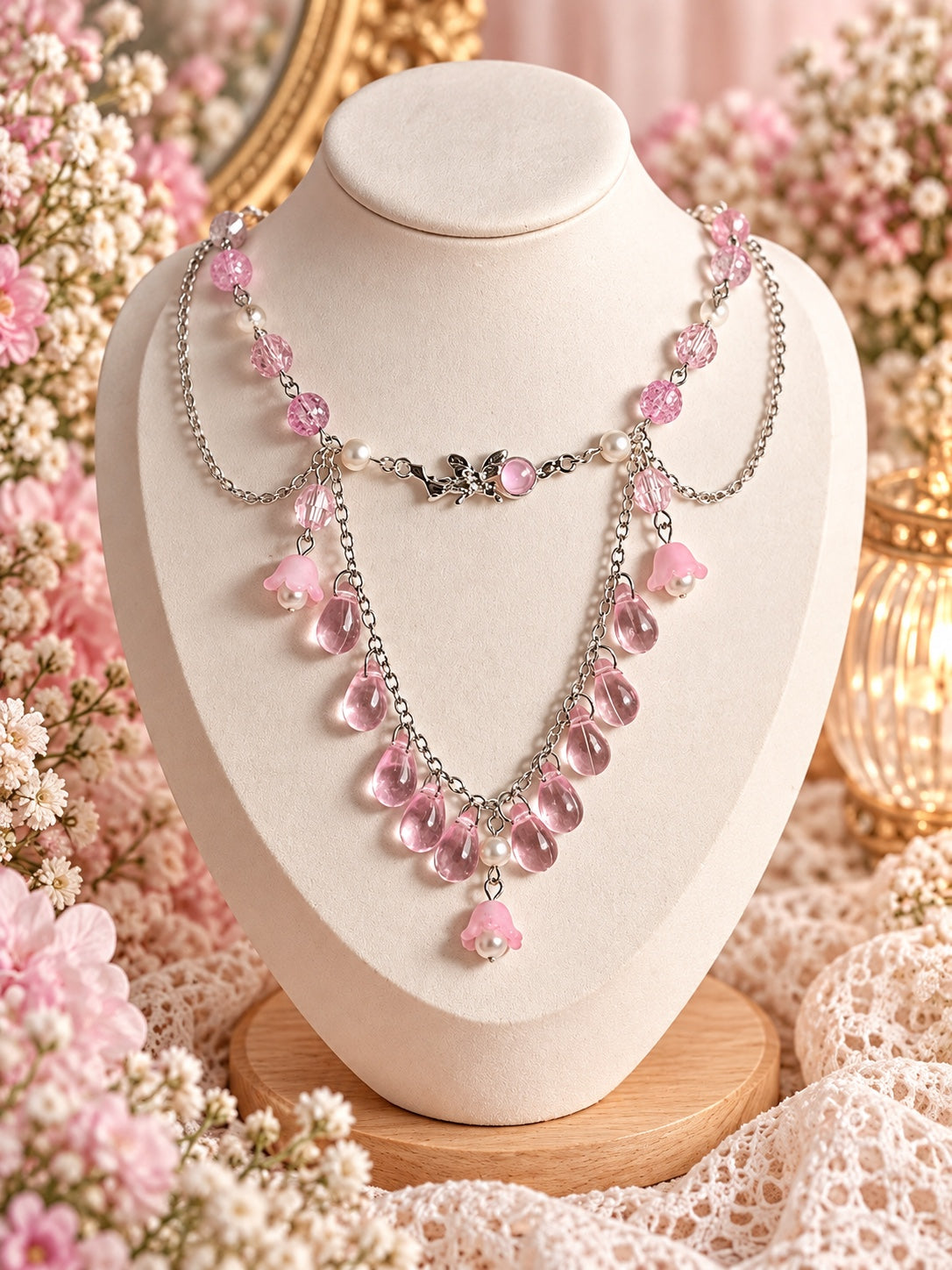 Layered pink fairy necklace with silver-tone chains, pink teardrops, flower beads and white faux pearls