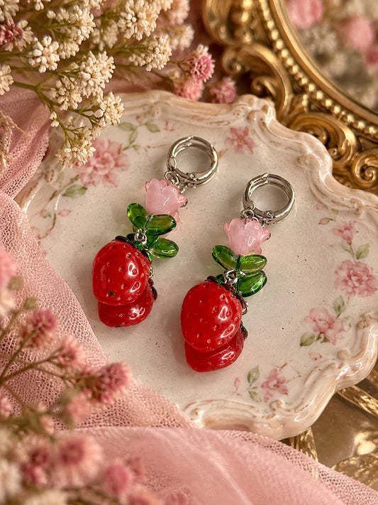 Strawberry Blossom Earrings with red strawberries, pink flowers, translucent green leaves and silver-tone hinged hoops