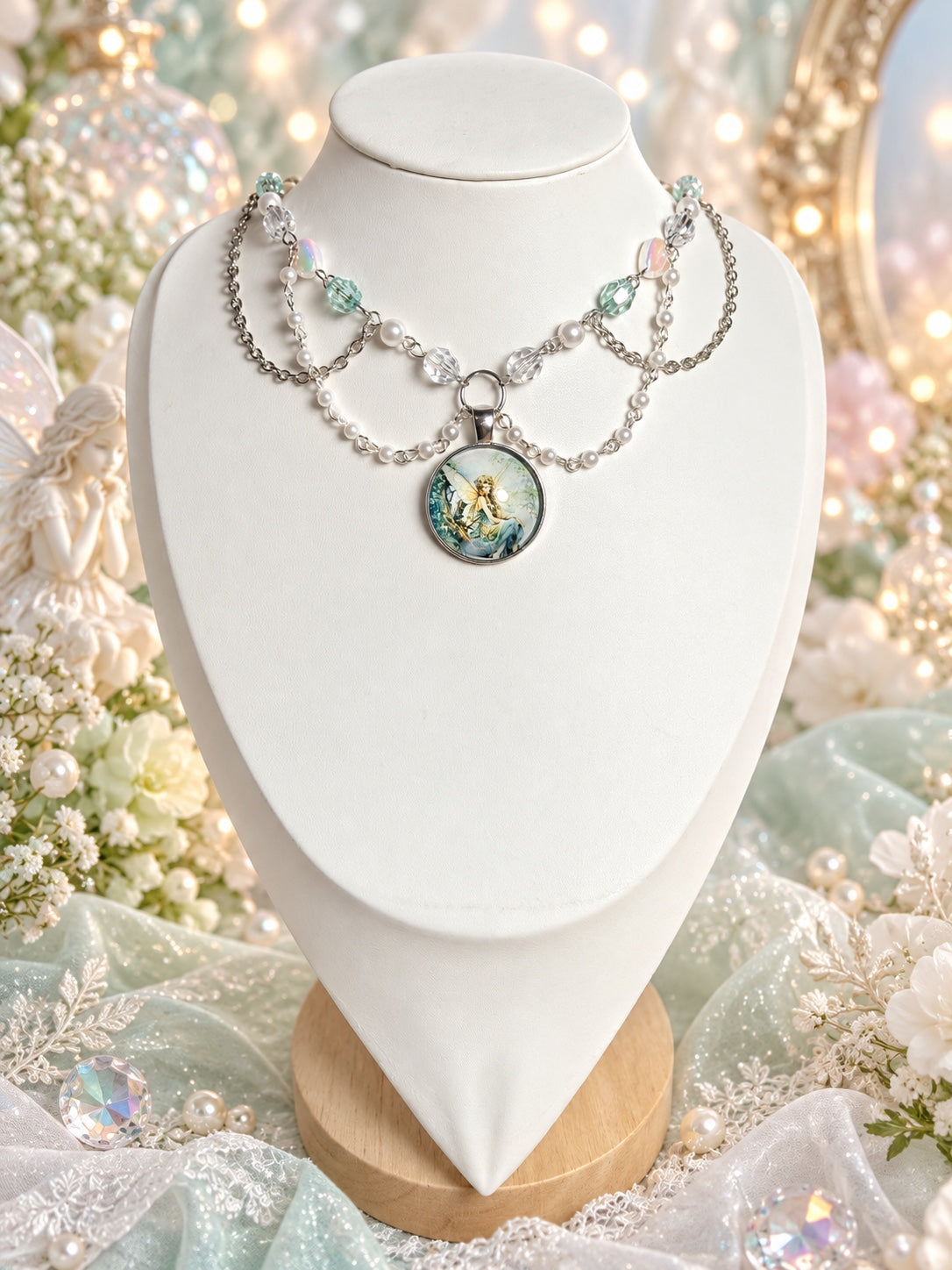 Fairycore necklace with a round fairy illustration pendant, mint green and clear faceted beads, white imitation pearls and layered silver-tone chains.
