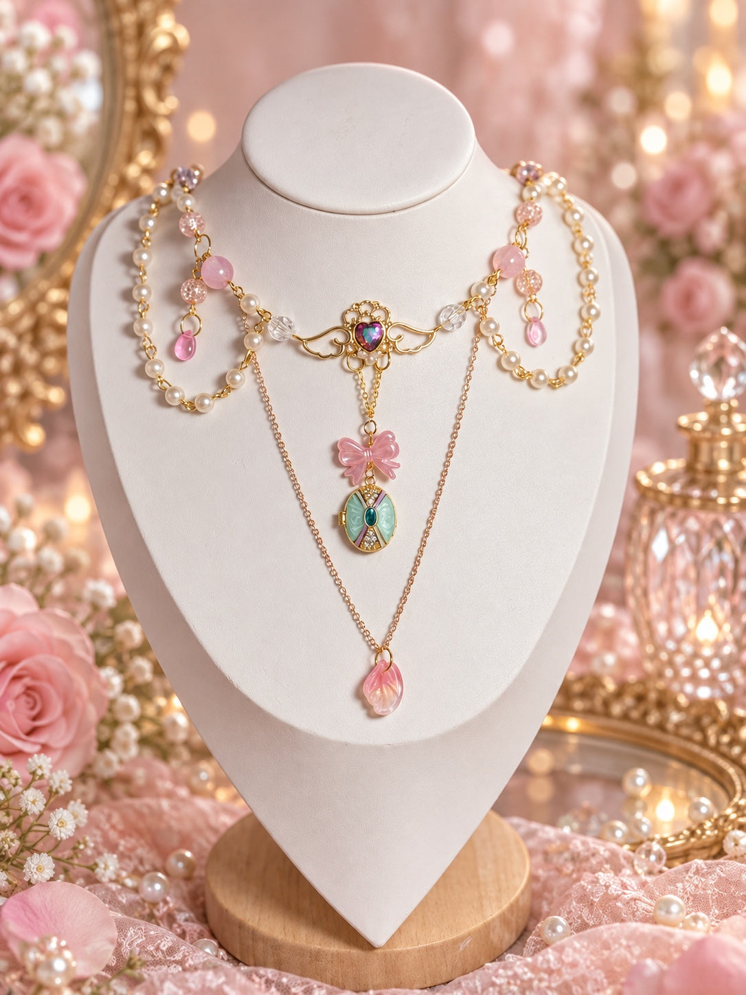 Layered gold-tone necklace with a winged iridescent heart, faux pearl drapes, pink bow, mint oval pendant and pink leaf drop.