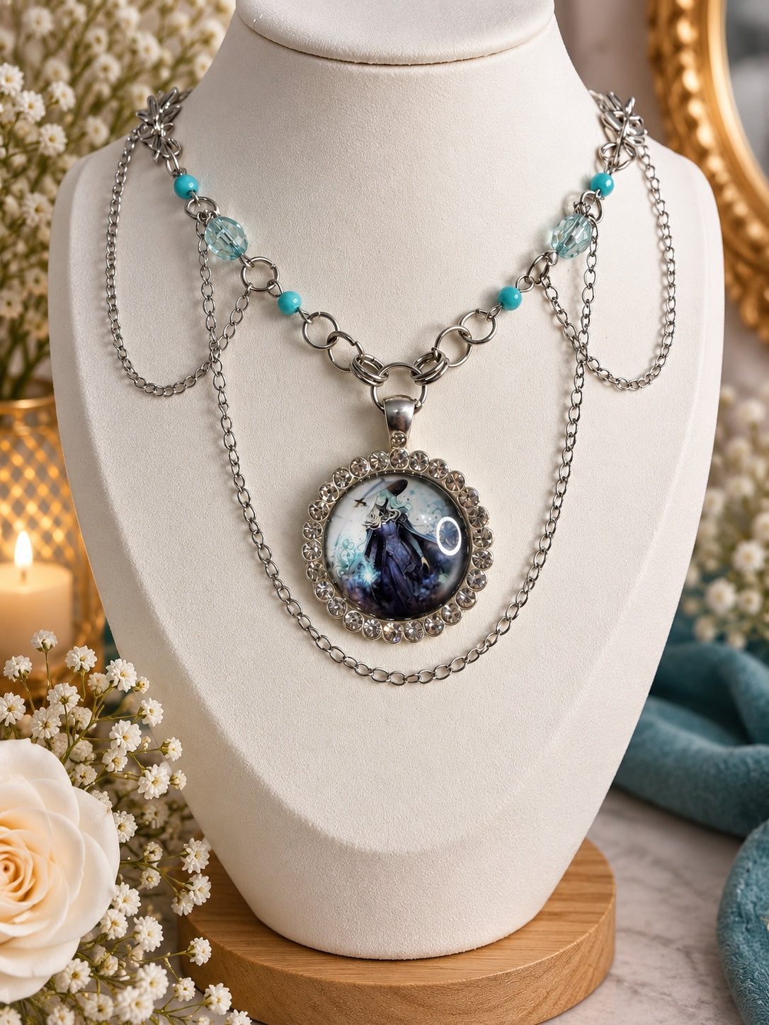 Layered silver-tone witch cameo necklace with turquoise-coloured beads, pale blue faceted beads and a sparkling round pendant