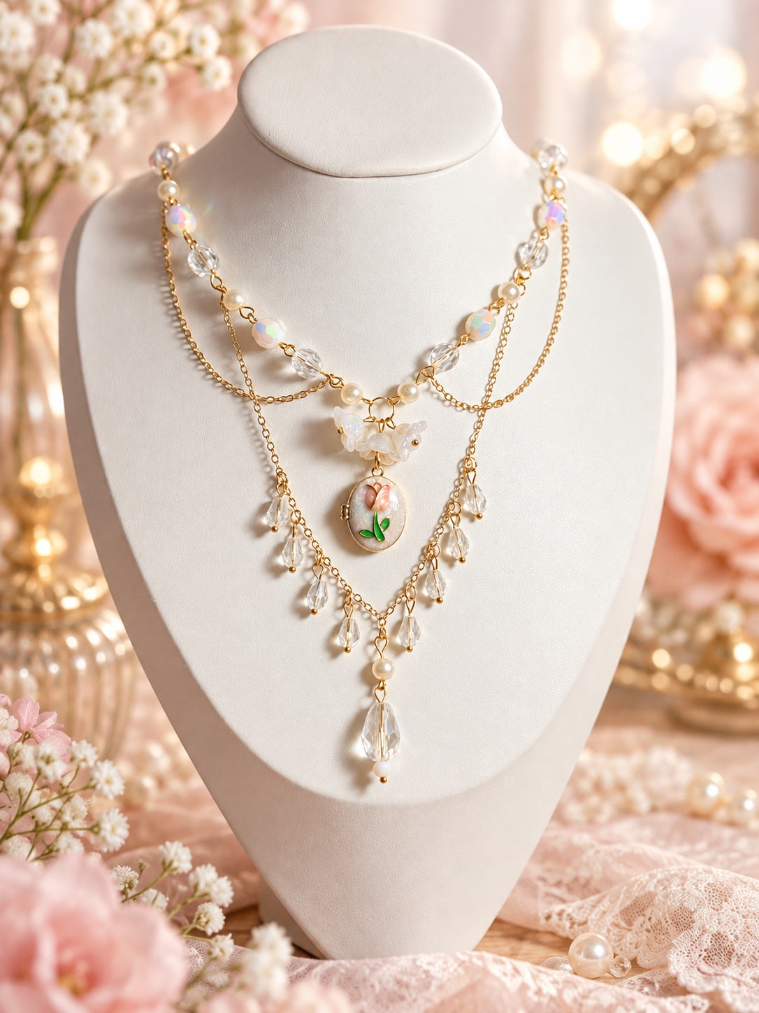 Layered gold-tone necklace with clear and iridescent beads, cream pearl-style accents, white flowers, an oval pink tulip pendant and dangling clear teardrops.