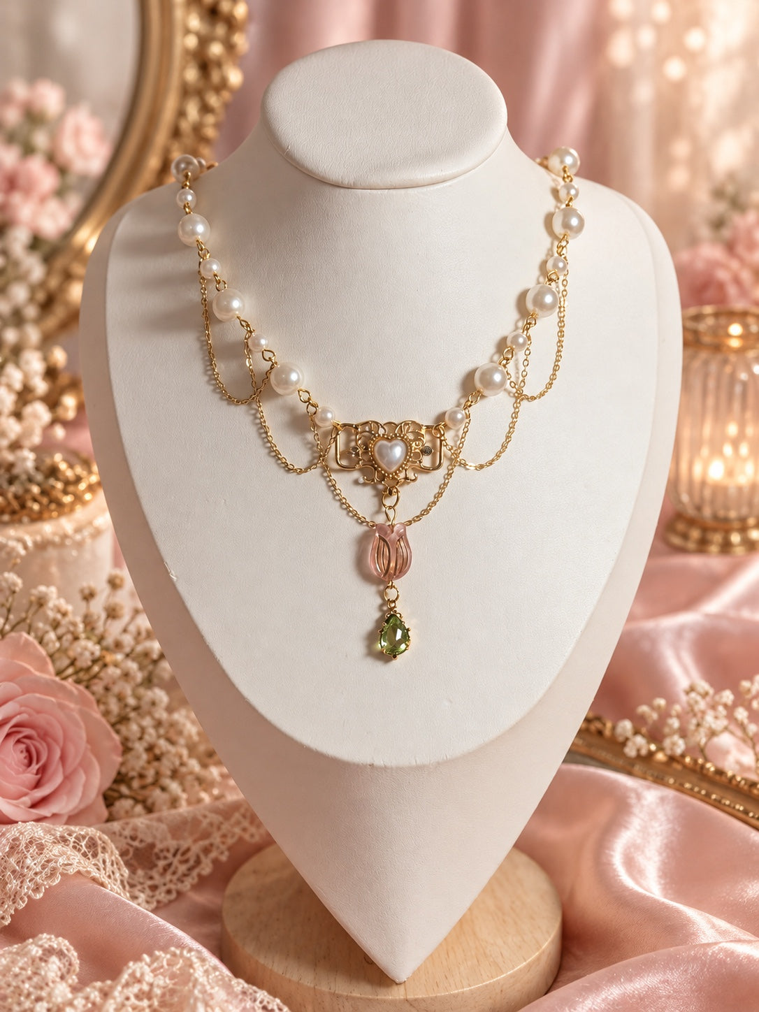 Gold-tone necklace with cream pearl-style beads, draped chains, an ornate heart centrepiece, a pink tulip-shaped charm and a green teardrop pendant.