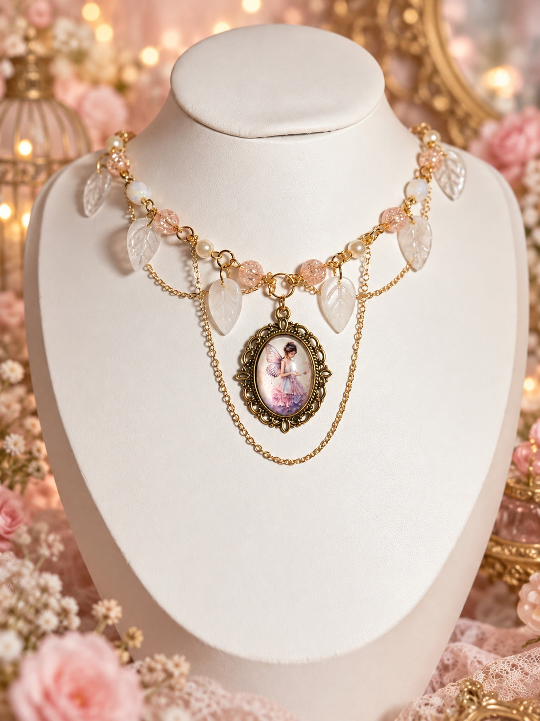 Fairycore necklace with an ornate oval fairy portrait pendant, pink beads, milky leaf charms, faux pearls and layered gold-tone chains