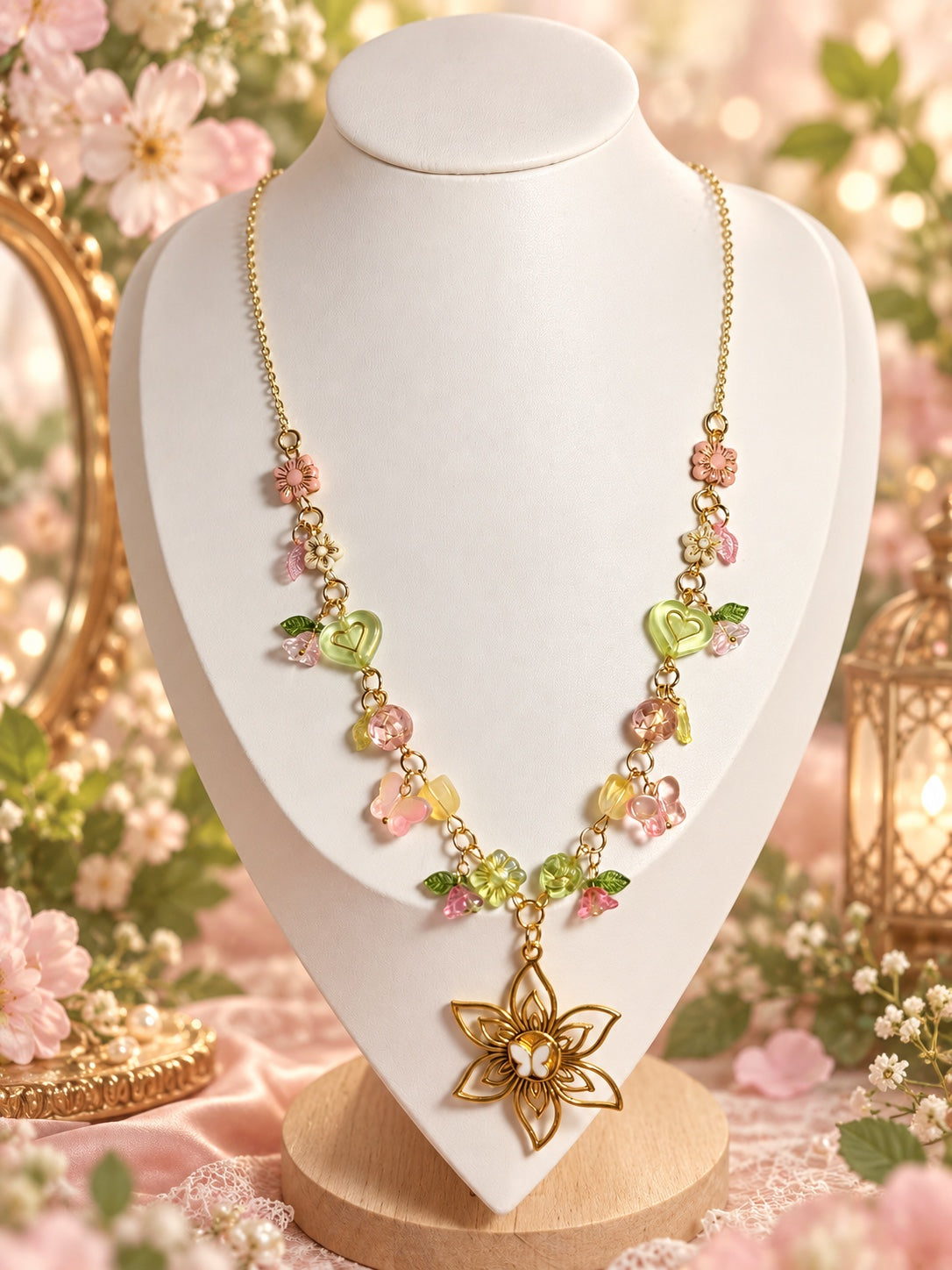Gold-tone floral necklace with pink and green charms, green hearts and an openwork flower pendant with a butterfly centre.