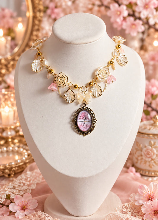 Gold-tone floral necklace with cream roses, pale leaves, pink flower charms, a cream bow and an ornate oval pendant showing a pink flowering tree reflected in water.