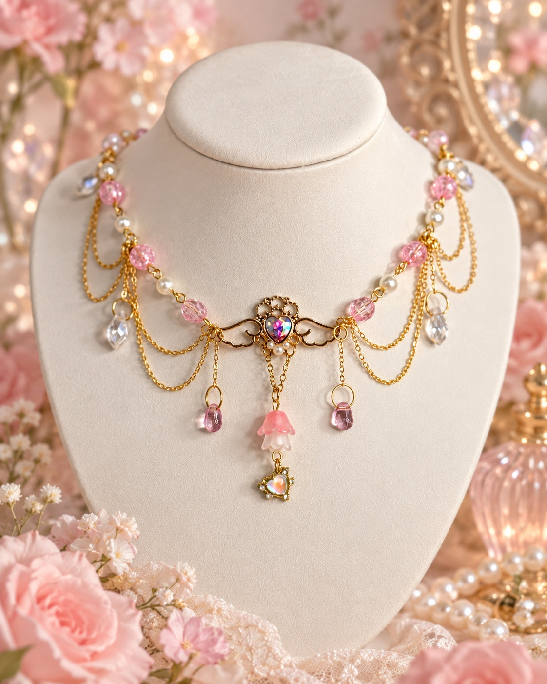 Gold-tone layered necklace with pink beads, pearl-like accents, a winged iridescent heart, flower bells and teardrop charms.