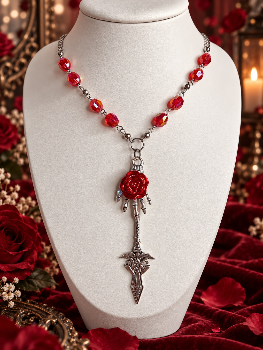 Gothic necklace with red faceted beads, a red rose over a silver-tone skeletal hand and an ornate sword pendant.