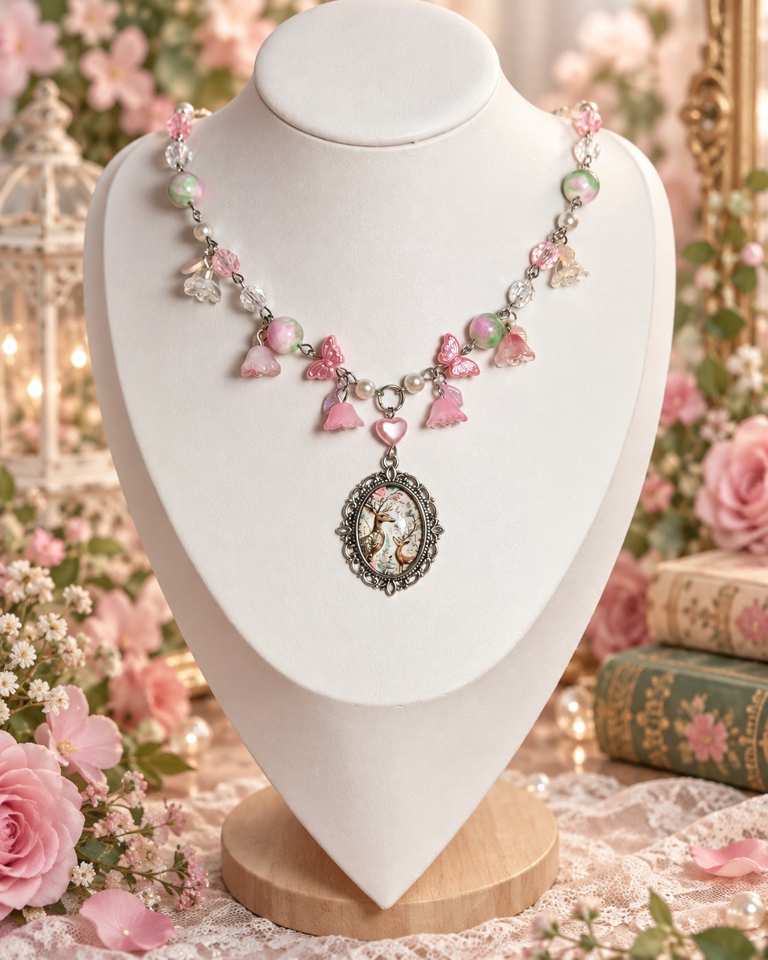 Silver-tone necklace with an ornate deer illustration pendant, pink heart, butterfly and bell flower charms, pink-green beads and faux pearls.