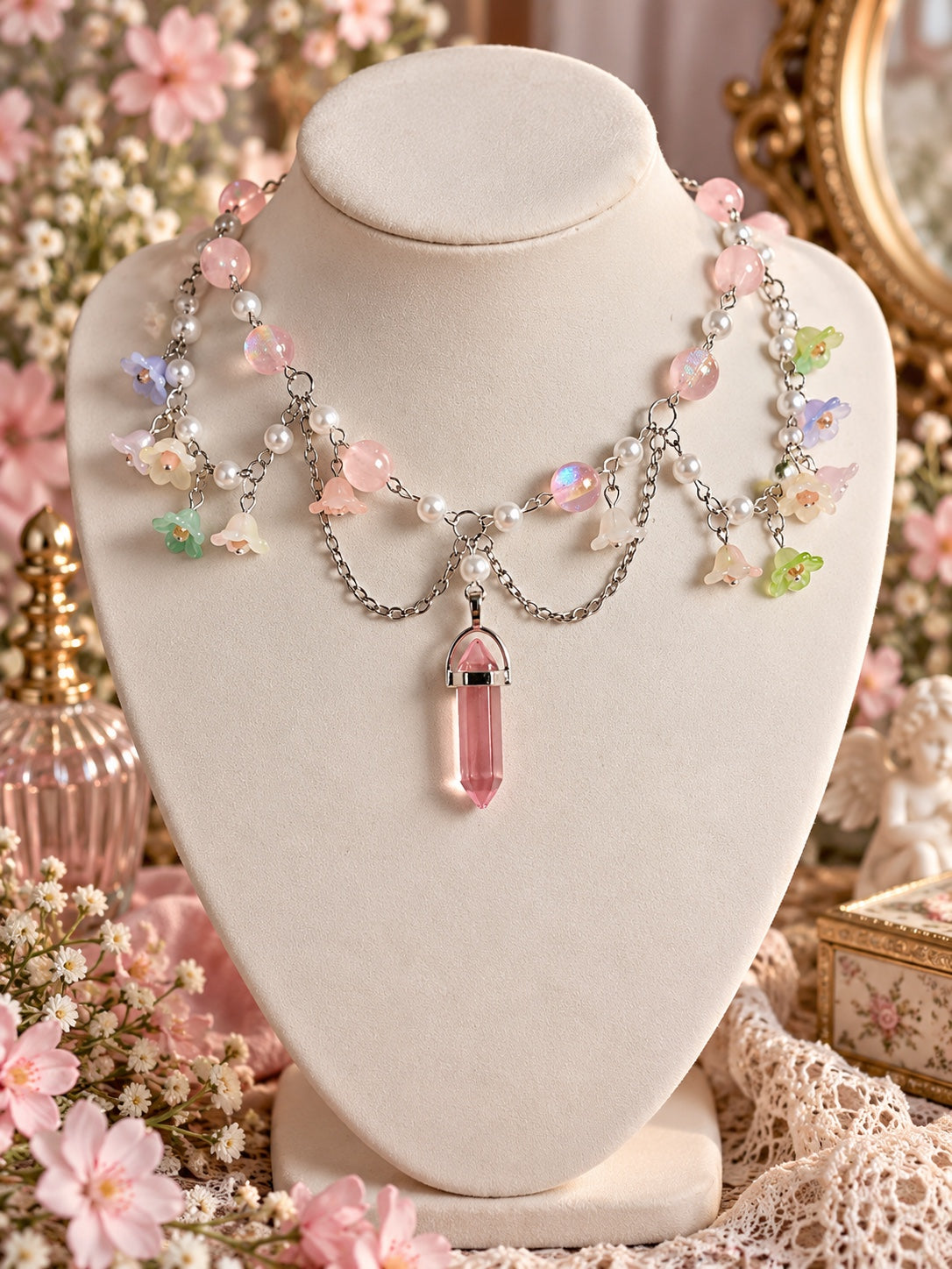 Fairycore necklace with a pink pointed pendant, pearly white and iridescent pink beads, pastel flower charms and draped silver-tone chains.