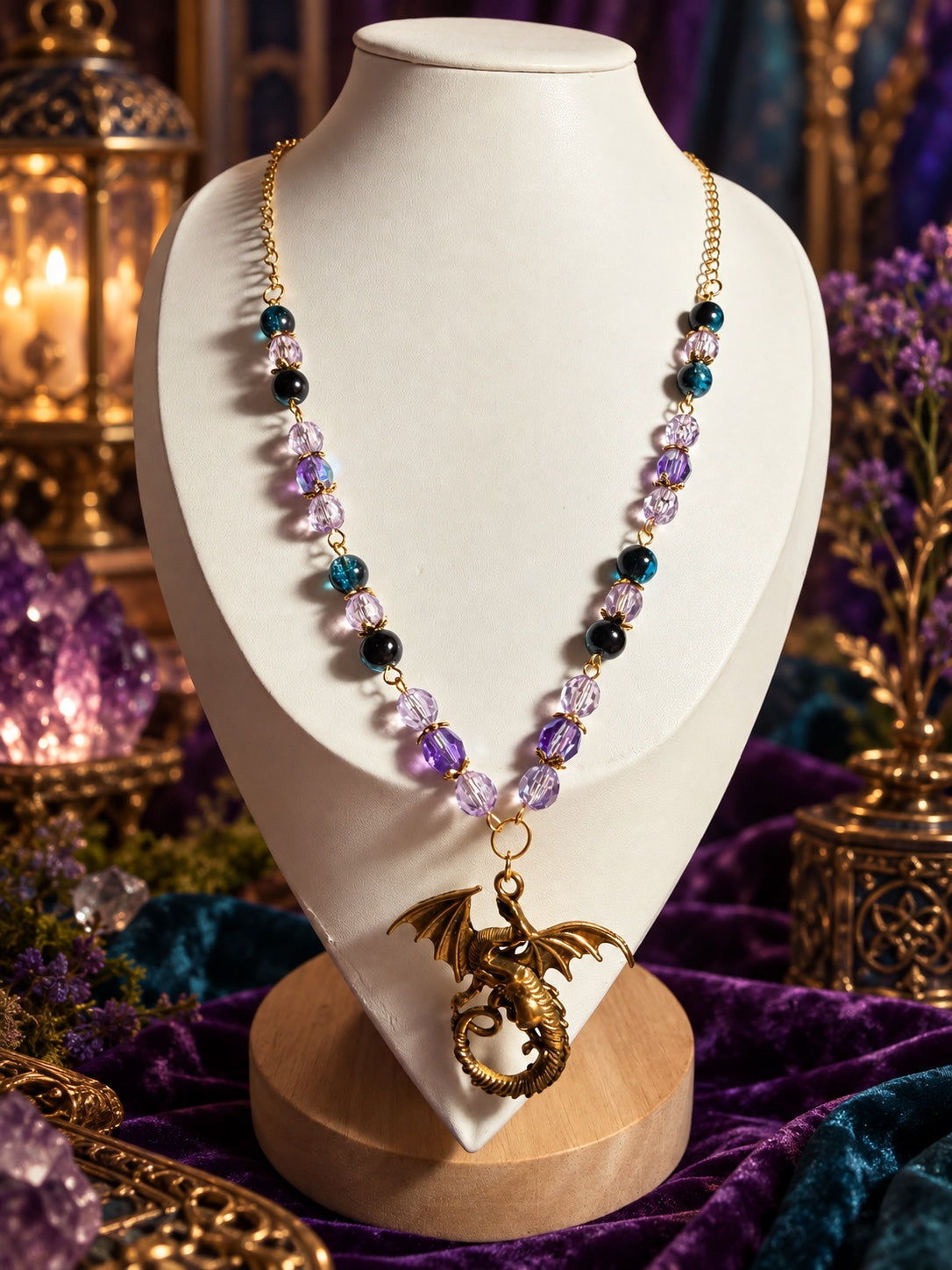 Gold-tone dragon pendant necklace with lavender and purple faceted beads, dark teal and black round beads, and gold-tone chain and bead caps.