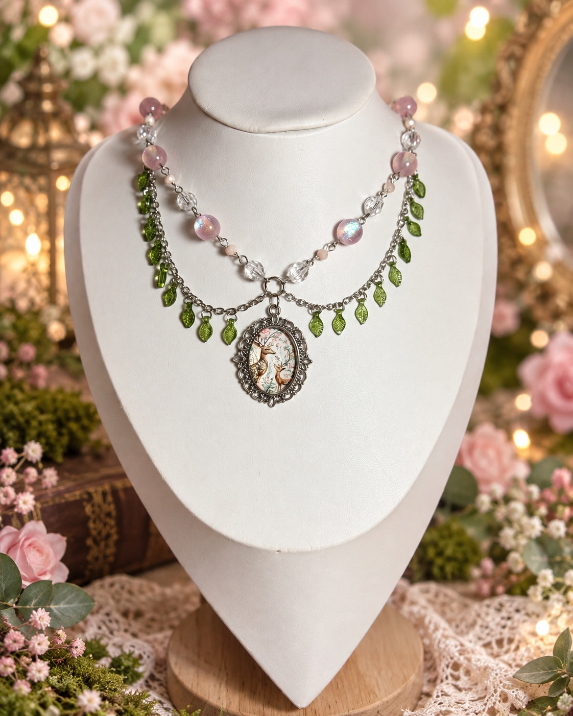 Silver-tone woodland necklace with an ornate deer illustration pendant, green leaf fringe, pink iridescent beads and clear faceted beads.