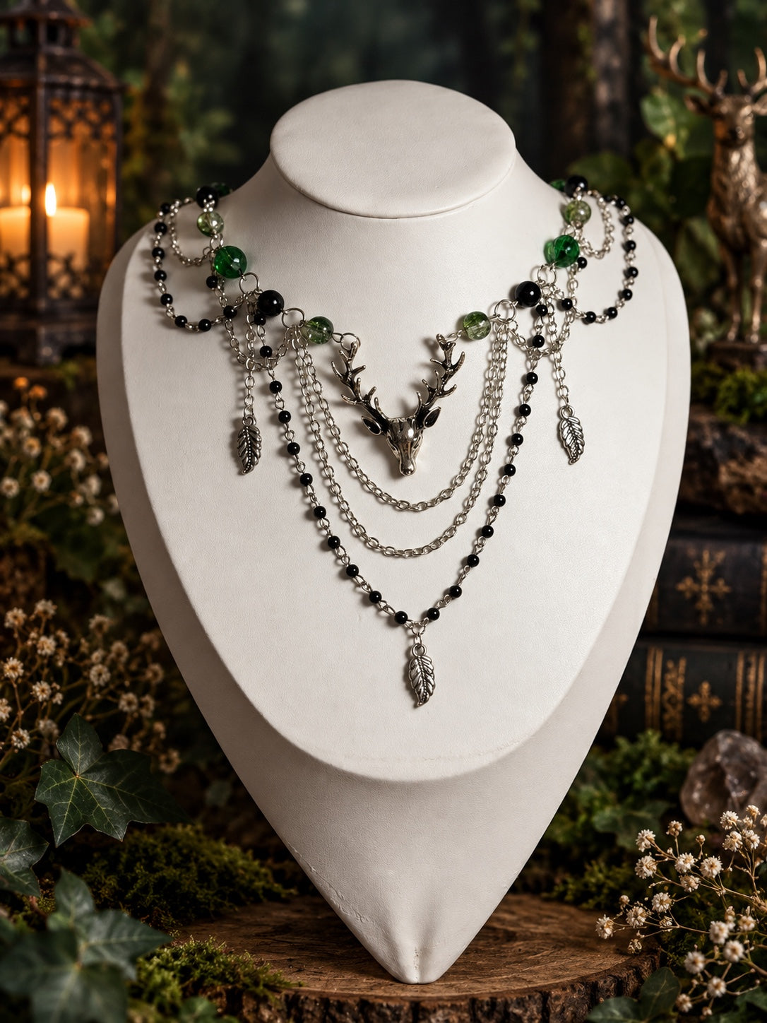 Layered silver-tone statement necklace with an antlered stag head, green and black beads, draped chains and three dangling leaf charms.