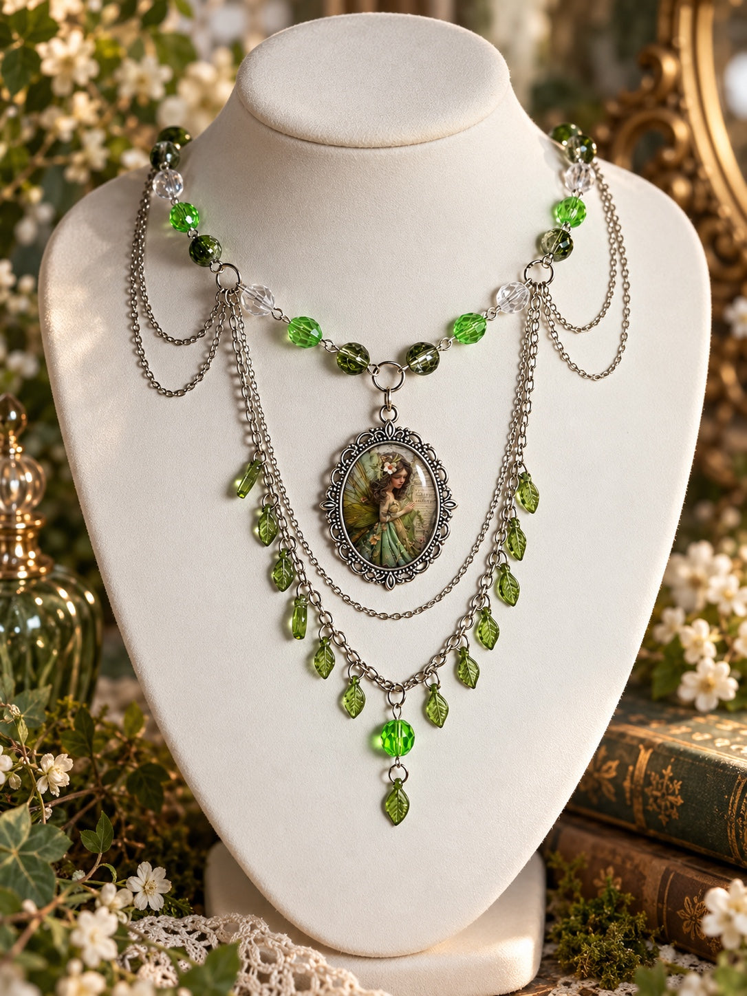 Green fairy cameo necklace with clear and green beads, layered silver-tone chains and dangling green leaf charms.