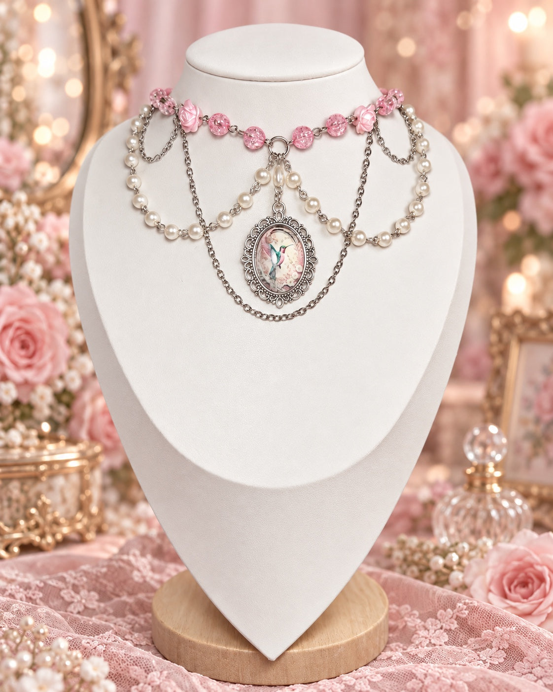 Layered silver-tone necklace with pink beads and rose details, draped faux pearls and an ornate oval hummingbird illustration pendant.