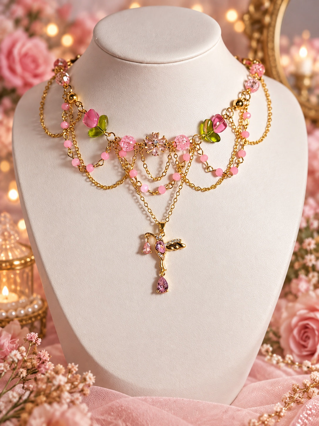 Pink and gold-tone layered hummingbird necklace with flower details, green leaves and pink teardrops.