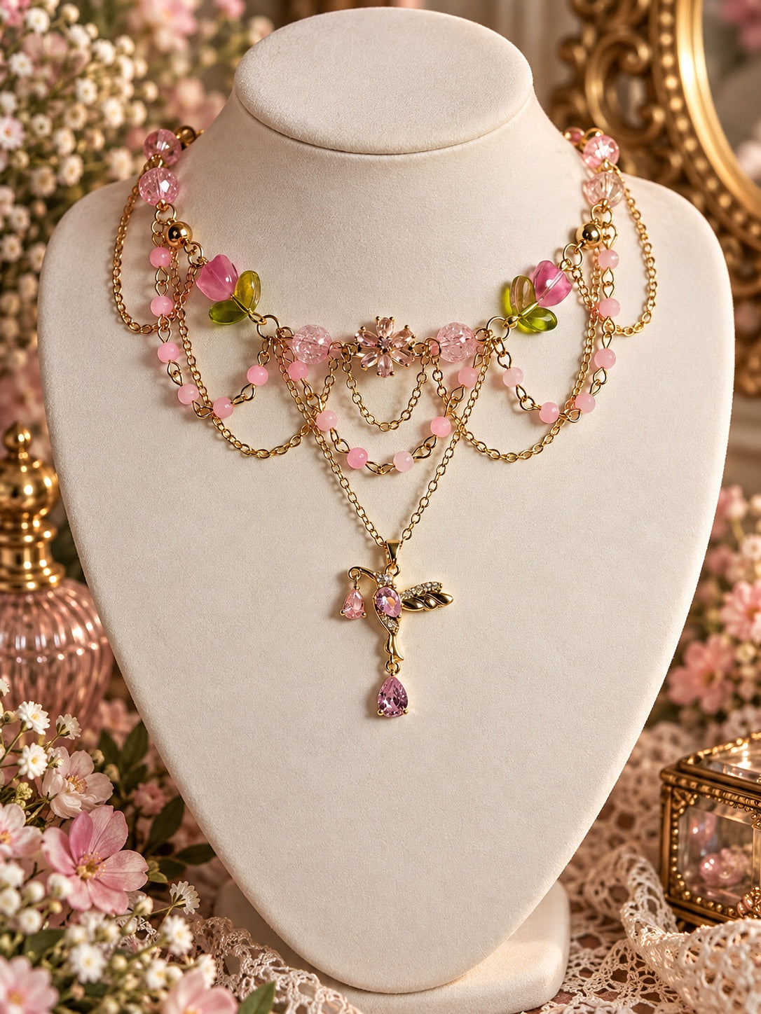 Layered gold-tone necklace with pink beads, pink flower and green leaf details, and a hummingbird pendant with pink teardrops.