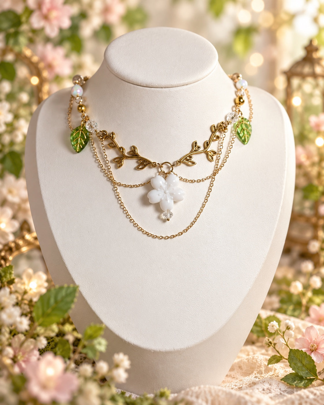 The Ivory Blossom Grove Necklace with a white flower pendant, green leaves, gold-tone branches, draped chains and clear and milky beads.