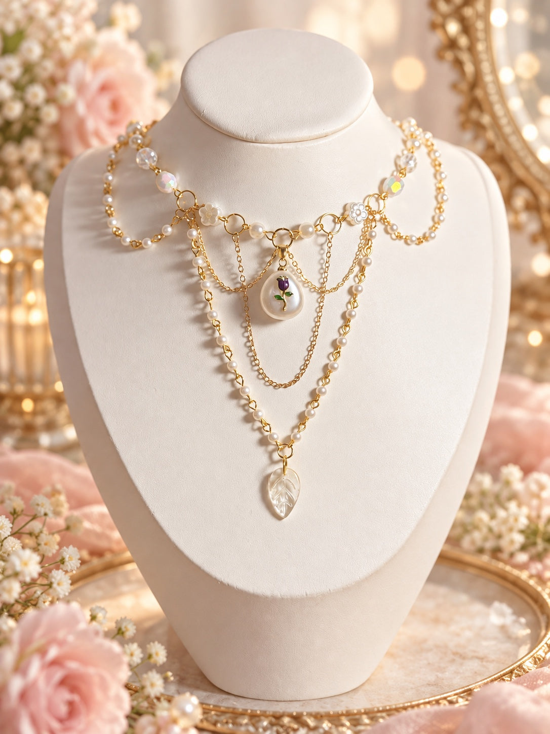 Layered gold-tone necklace with cream pearl-style beads, white flowers, a teardrop pendant with a purple flower and a pale leaf charm.