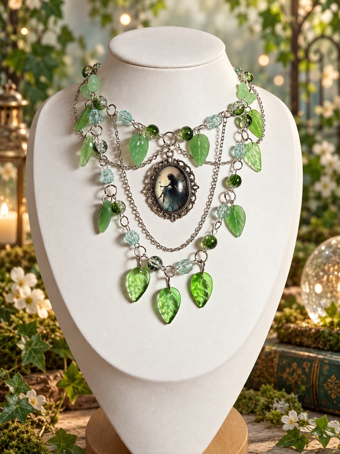 Layered silver-tone necklace with green leaf charms, pale aqua and green beads, draped chains and an ornate oval fairy silhouette pendant.