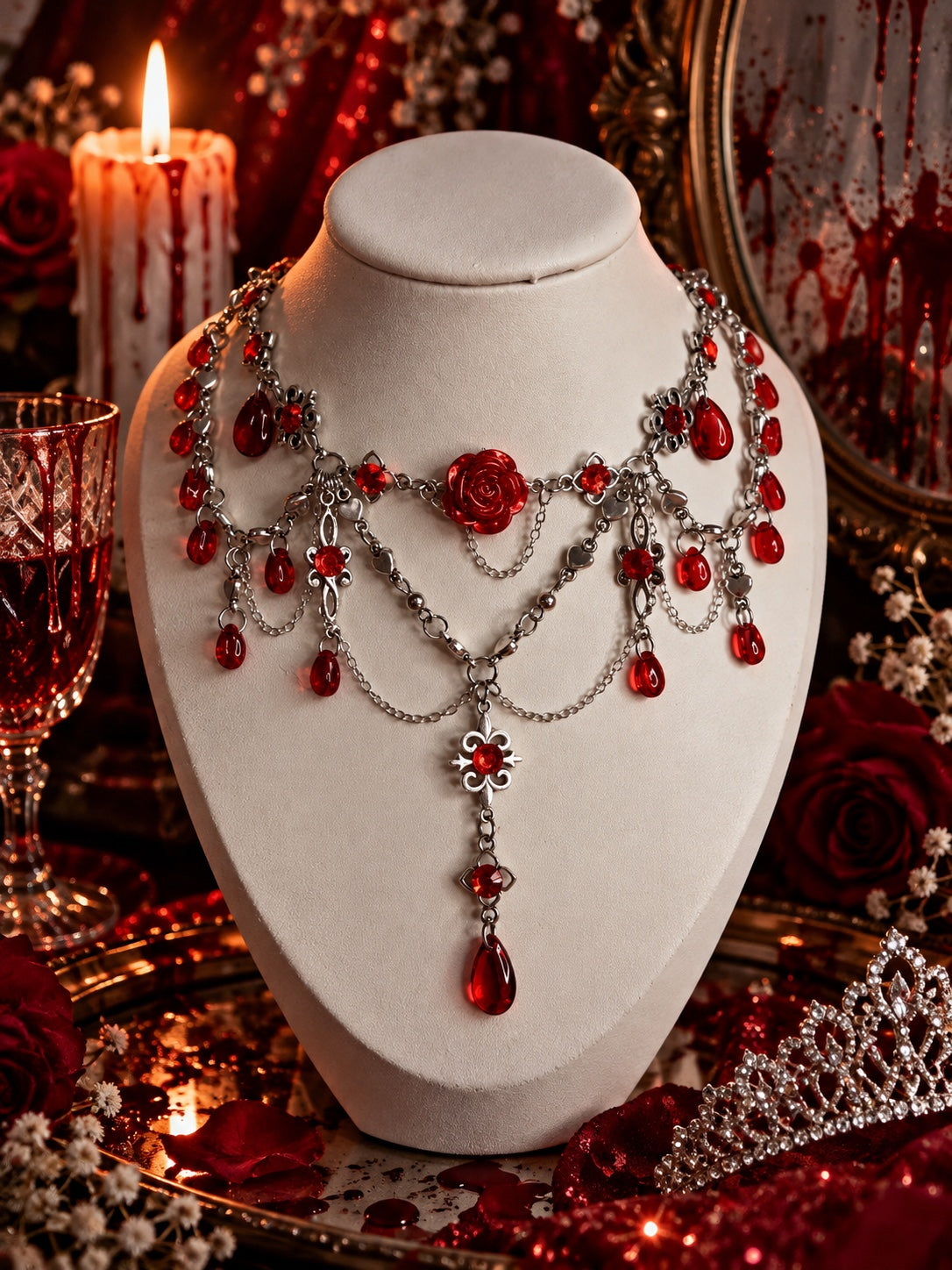 The Last Prom Queen statement necklace with a red rose, cascading red teardrops and layered silver-tone chains.