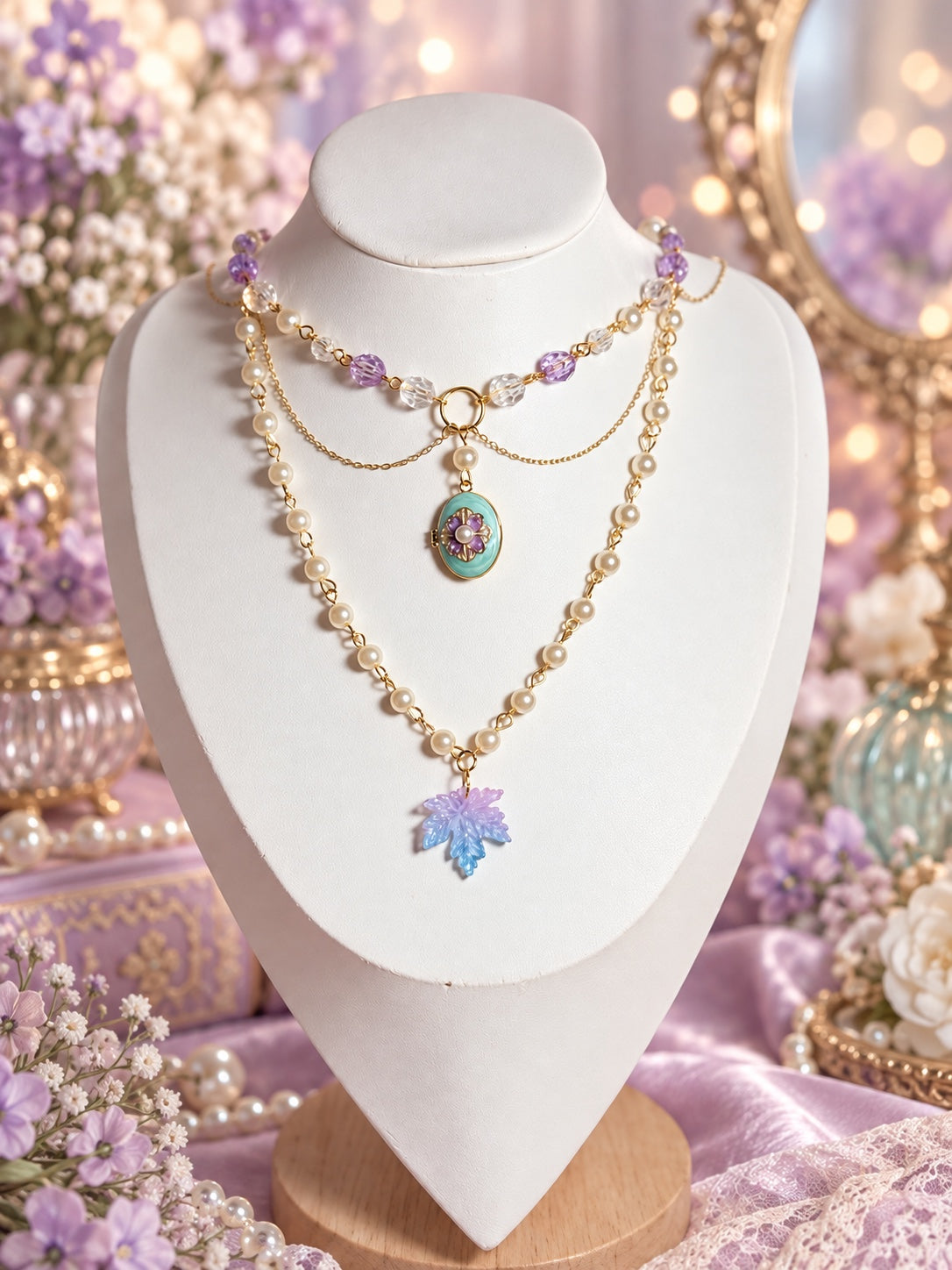 Layered gold-tone necklace with purple and clear beads, ivory faux pearls, a turquoise-tone oval floral locket and a purple-to-blue leaf pendant